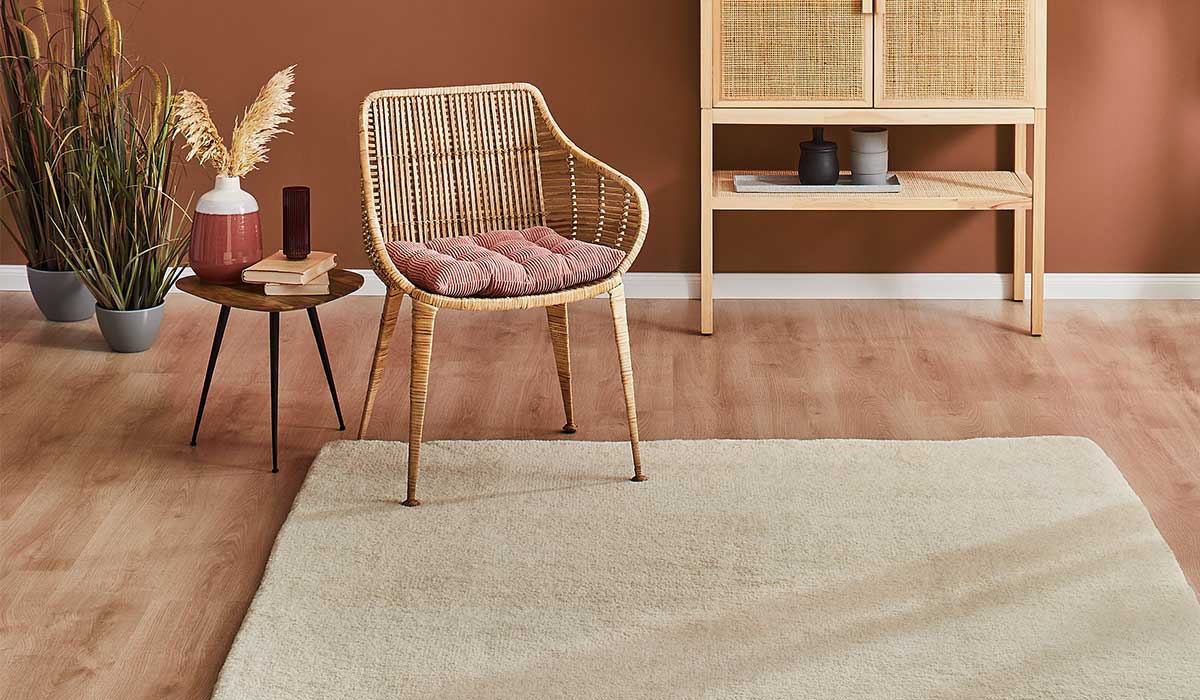 Geflochtener Stuhl mit Kissen steht vor Wand, daneben Beistelltisch mit Vase und Pflanzen.